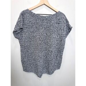 Talbots L 100% Linen Knit Top Black White Marled Textured Short Sleeve Minimal